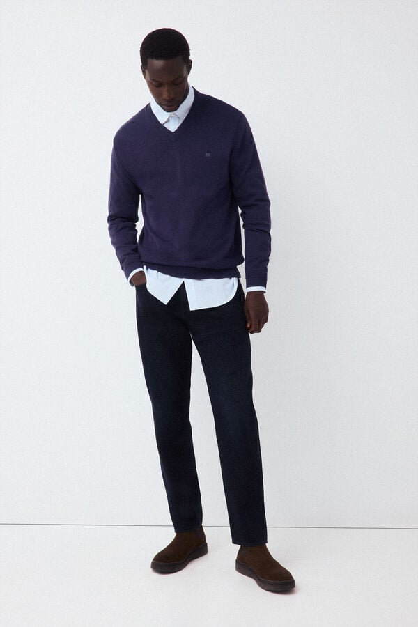 Pedro del Hierro Premium cotton fine knit V-neck jumper Blue