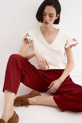 Pedro del Hierro T-shirt de manga curta com folhos bordados Ecru