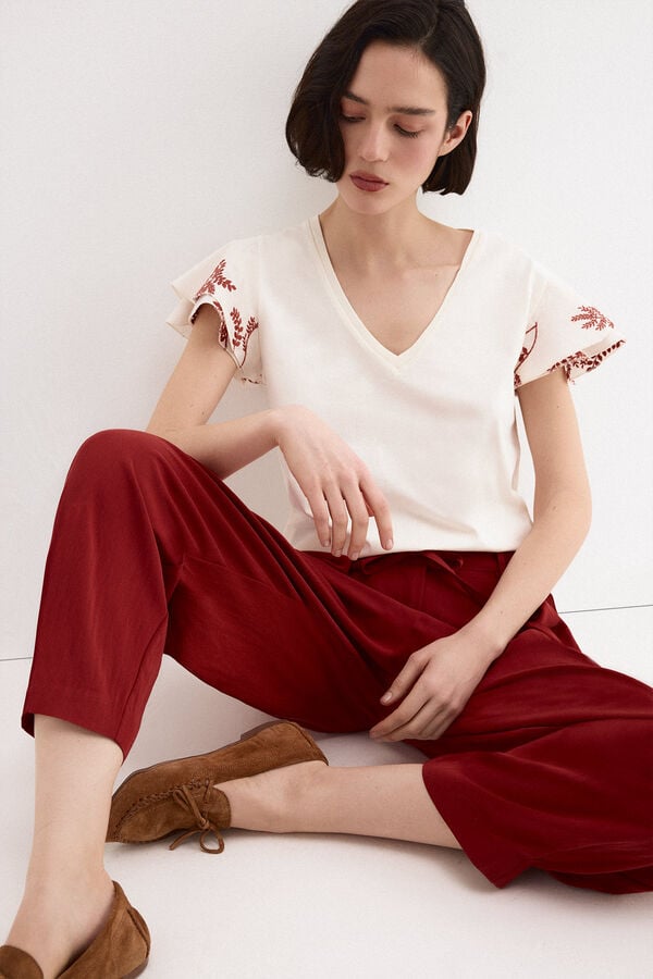 Pedro del Hierro T-shirt de manga curta com folhos bordados Ecru