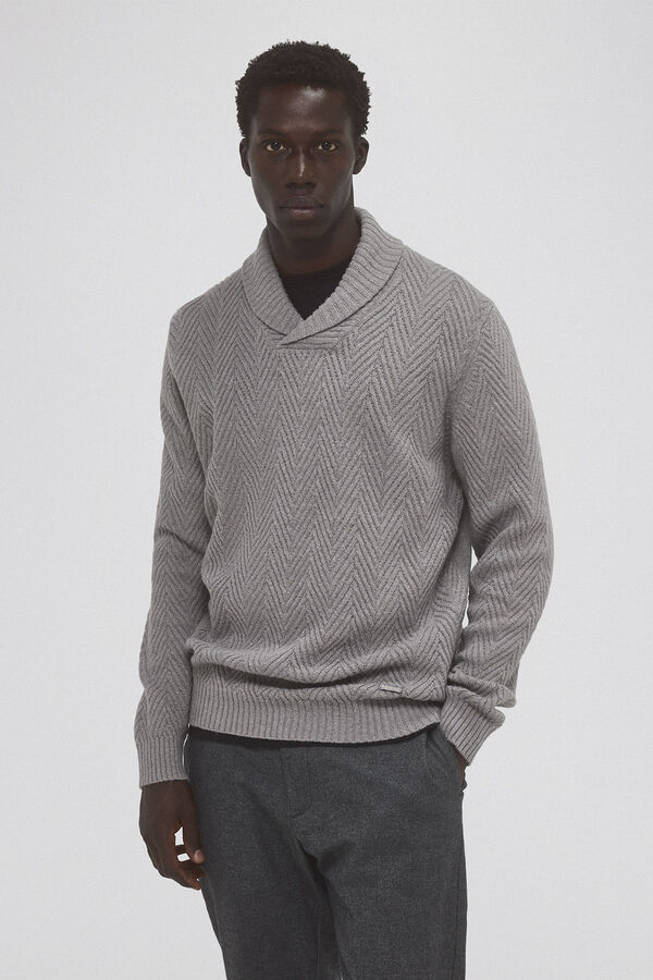 Pedro del Hierro Open neck herringbone wool sweater Grey