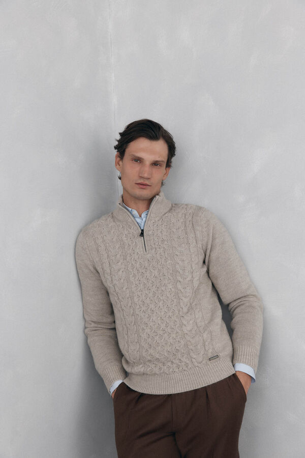Pedro del Hierro Structured wool jersey-knit sweater with zip fastening Beige