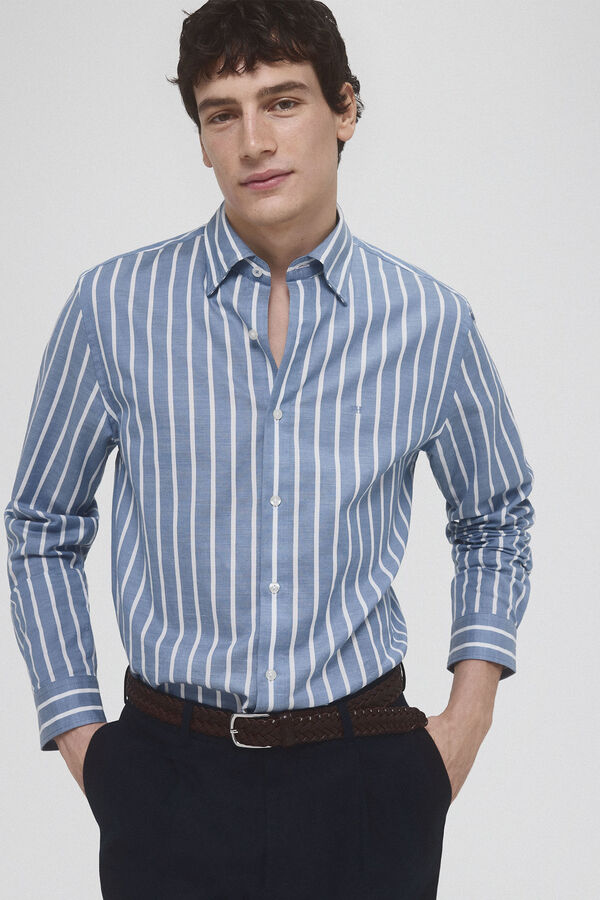 Pedro del Hierro Striped ramie cotton shirt Blue