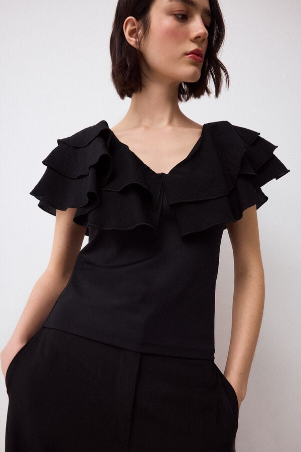 Pedro del Hierro T-shirt com folhos Preto
