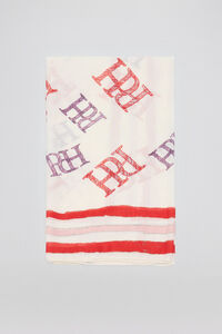 Pedro del Hierro Shawl with multi-logo prints and ecru and pink striped border Several