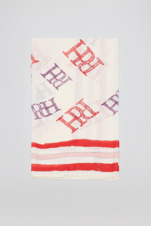 Pedro del Hierro Shawl with multi-logo prints and ecru and pink striped border Several