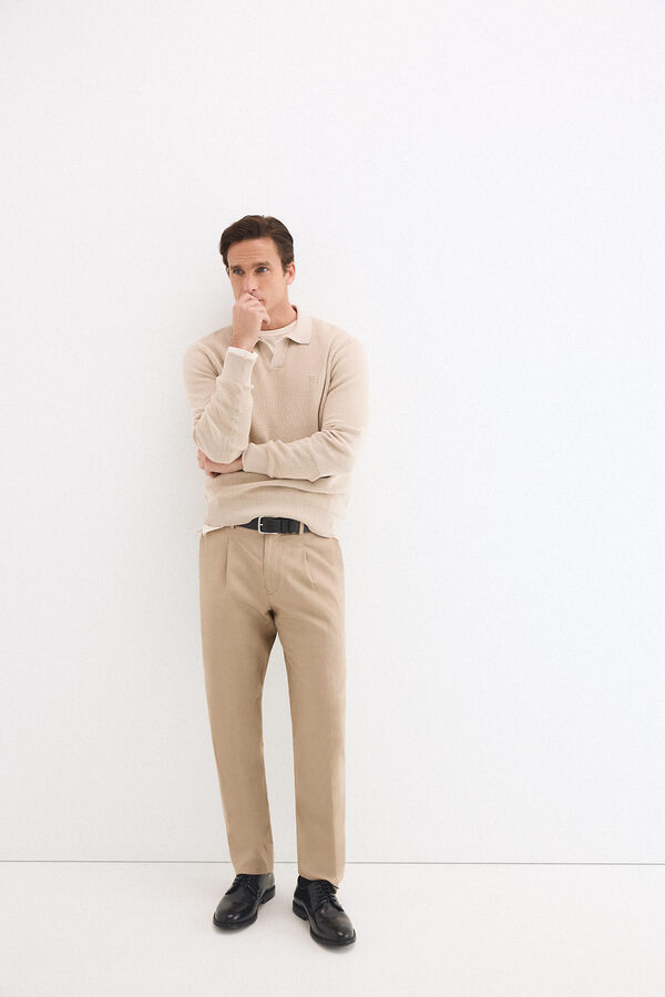 Pedro del Hierro Cotton ribbed long sleeve polo jumper Beige