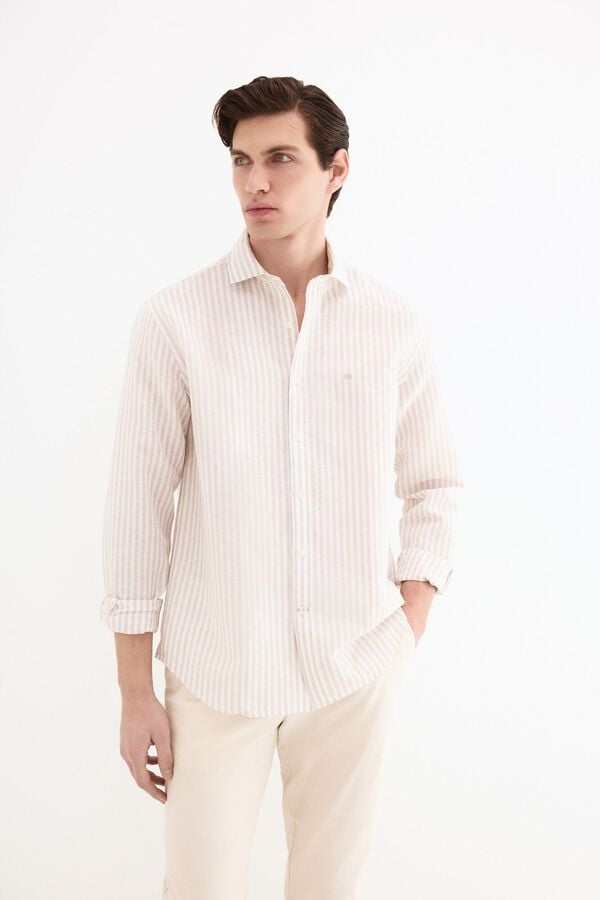 Pedro del Hierro Camisa de vestir rayas lino f&aacute;cil plancha Beige