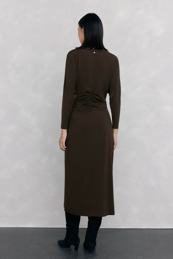 Pedro del Hierro long sleeve jersey-knit midi dress with gathered knit Brown