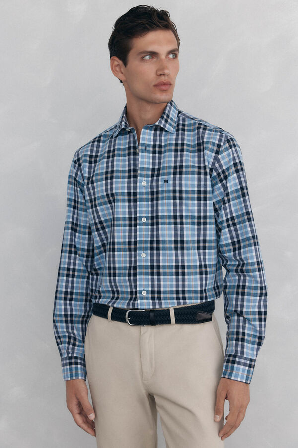 Pedro del Hierro Camisa cuadros tejido flamé Azul