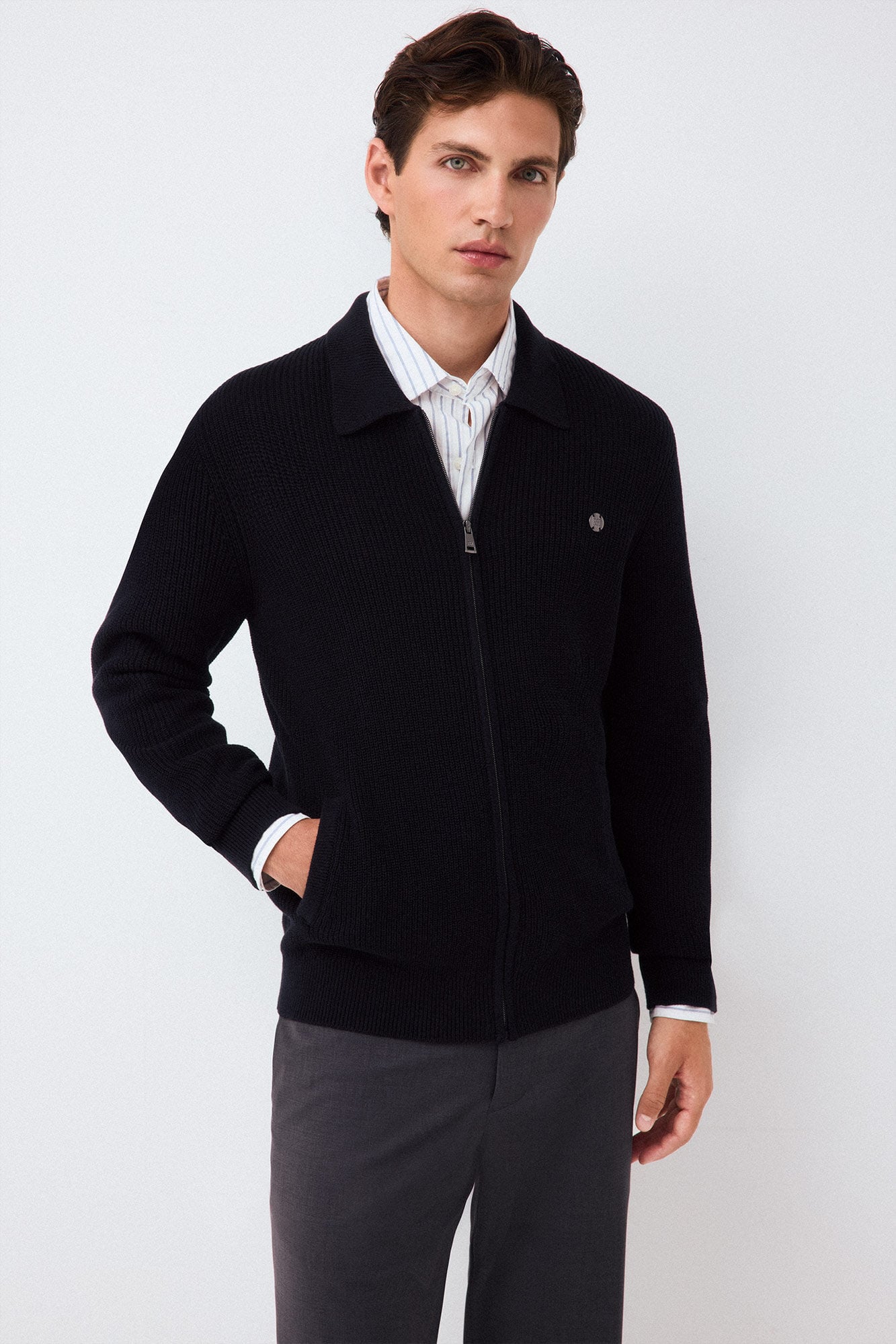 Pedro del Hierro Polo neck knit structure cardigan with zip fastening