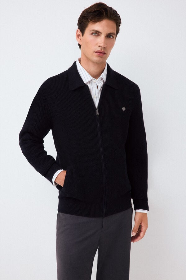Pedro del Hierro Polo neck knit structure cardigan with zip fastening Blue