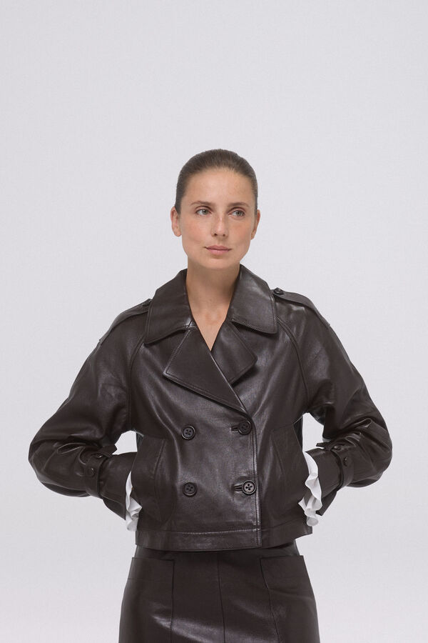 Pedro del Hierro Short leather trench coat Brown