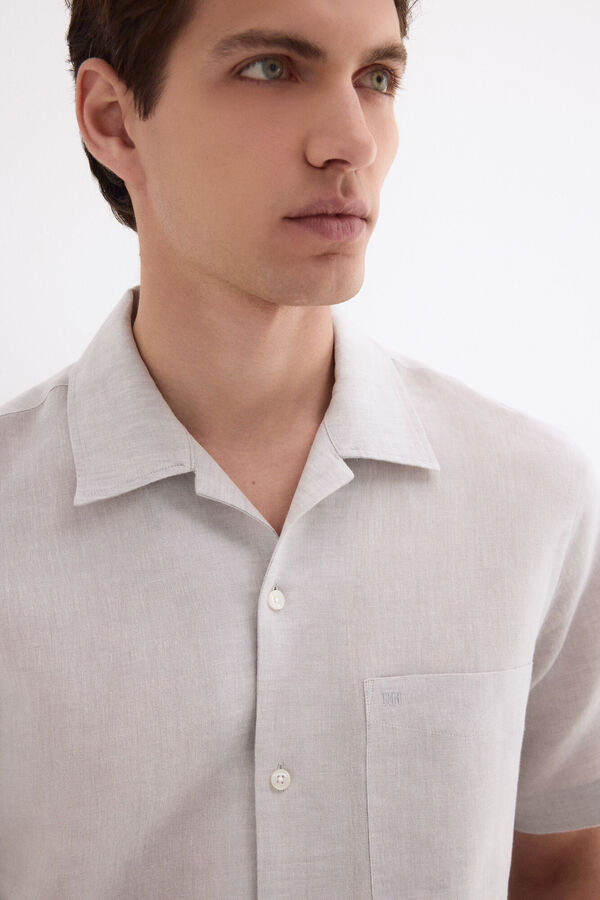 Pedro del Hierro Camisa manga curta em linho e algod&atilde;o Cizento