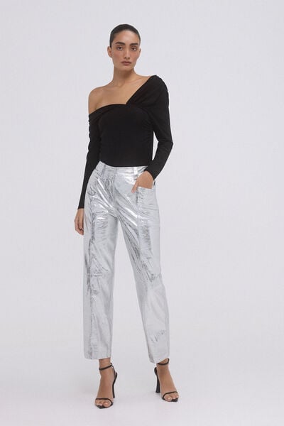 Pedro del Hierro Pantalón PU metalizado cortes Gris