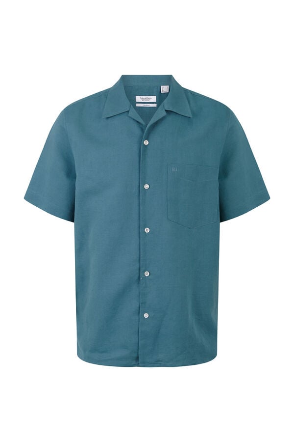 Pedro del Hierro Camisa manga curta em linho e algod&atilde;o Turquesa