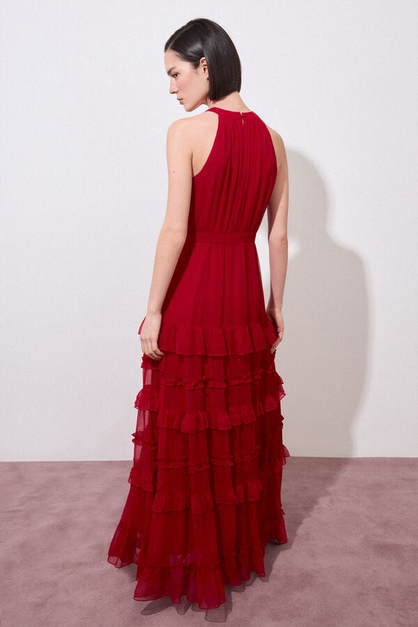 Pedro del Hierro Long halterneck ruffle dress Red
