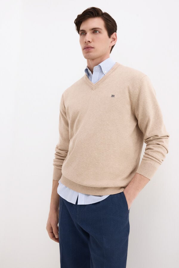Pedro del Hierro Premium cotton knit V-neck jumper Beige