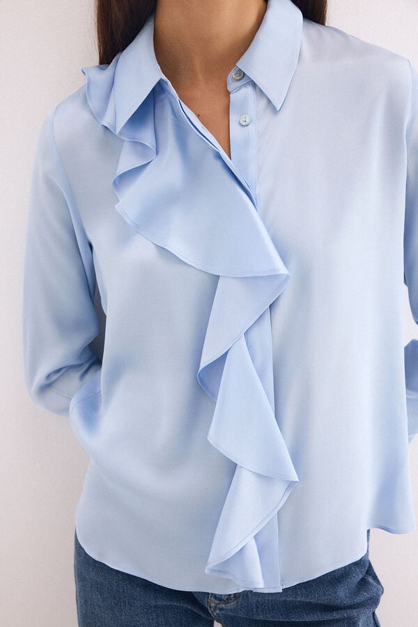 Pedro del Hierro Satin ruffle shirt Blue