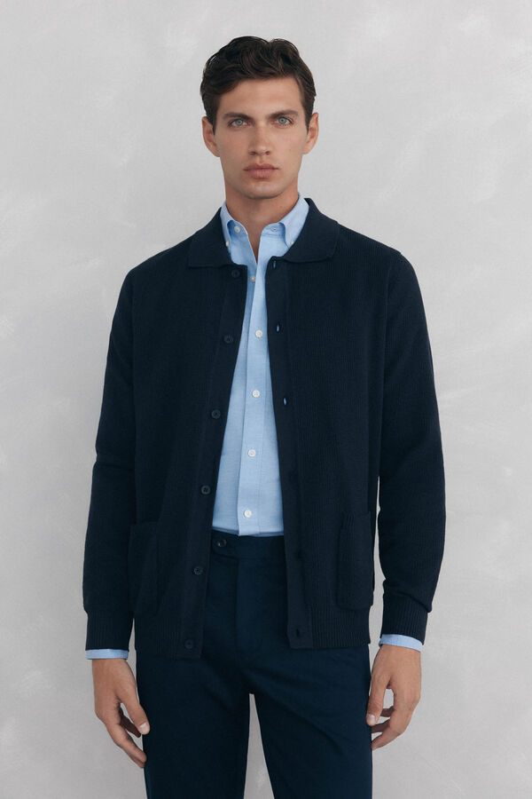 Pedro del Hierro Cotton jersey-knit cardigan polo shirt neck buttons Blue