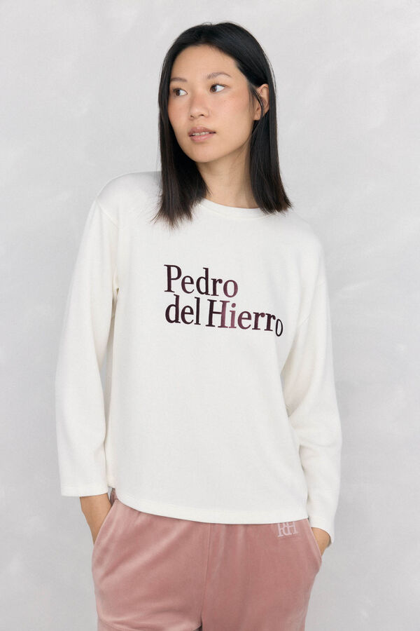 Pedro del Hierro long sleeve T-shirt with soft touch logo and activewear Ecru