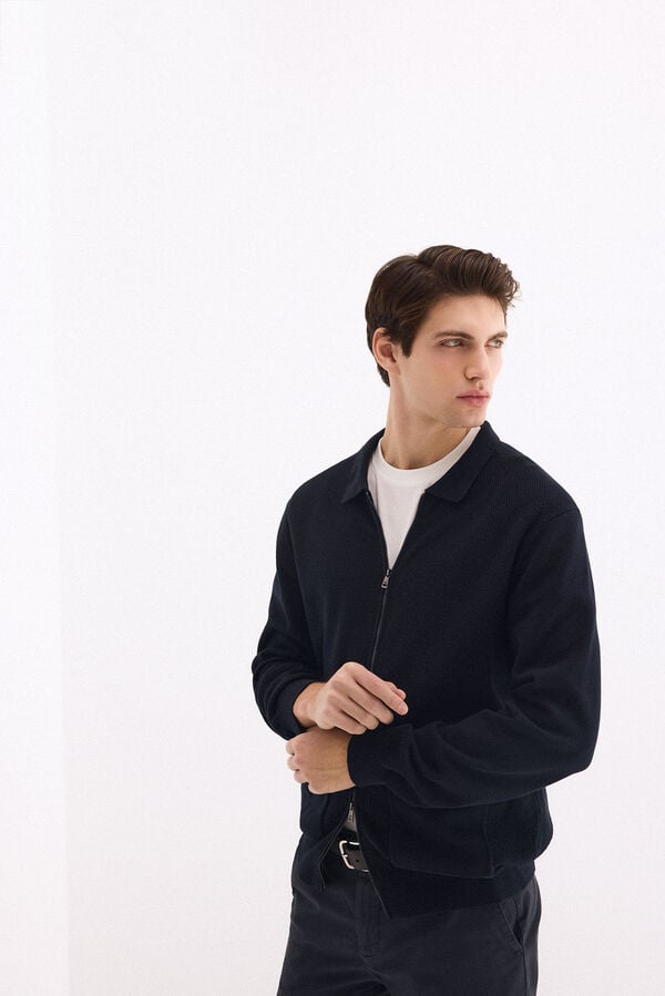 Pedro del Hierro Cotton structured knit zip cardigan Blue