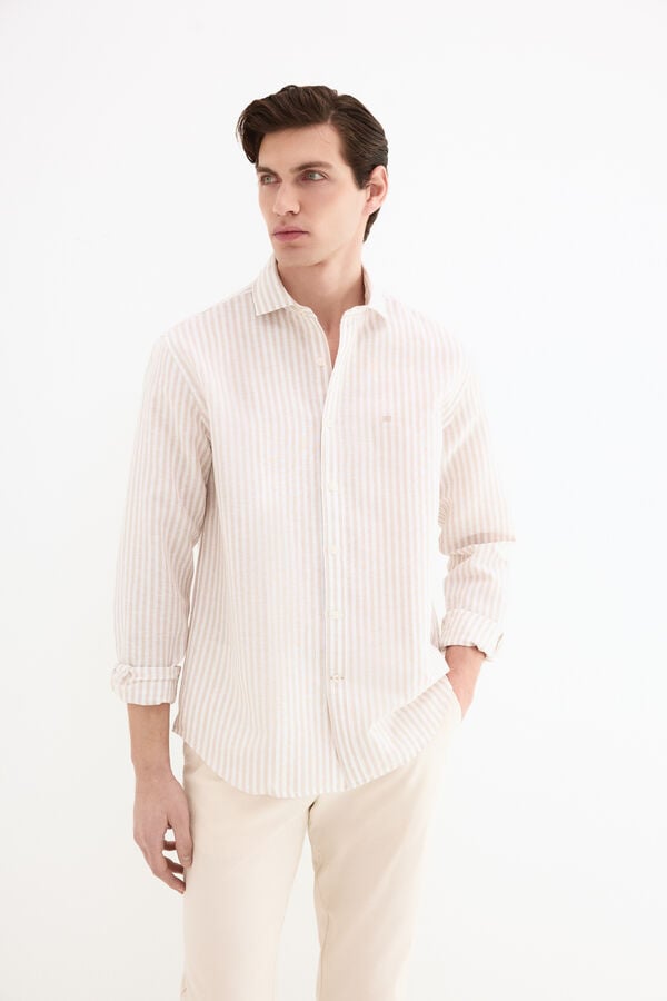 Pedro del Hierro Linen striped easy-iron dress shirt Beige