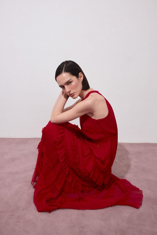 Pedro del Hierro Long halterneck ruffle dress Red