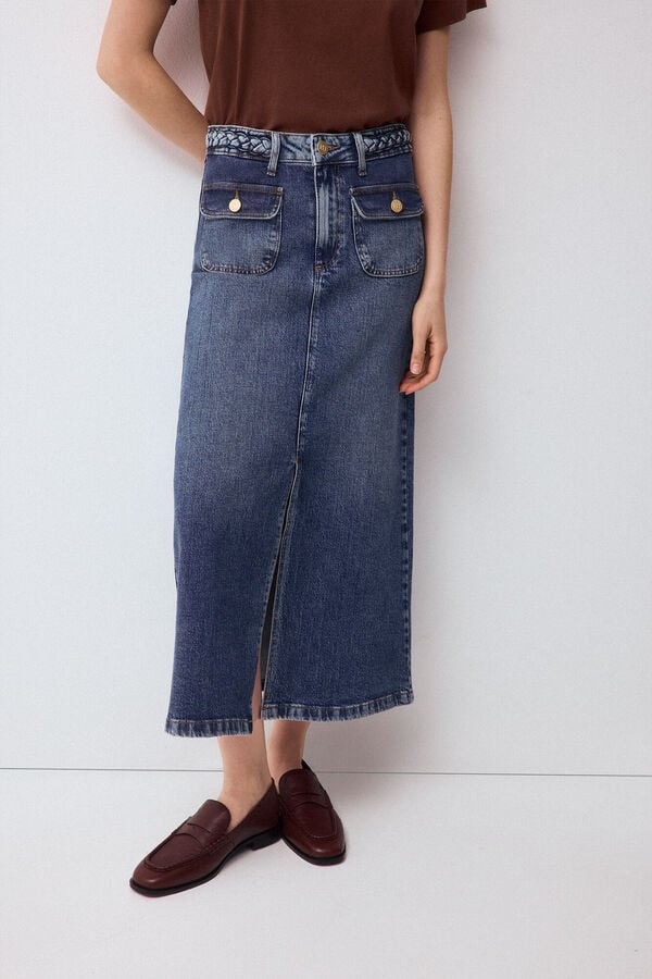 Pedro del Hierro Denim straight skirt with braided detail Blue