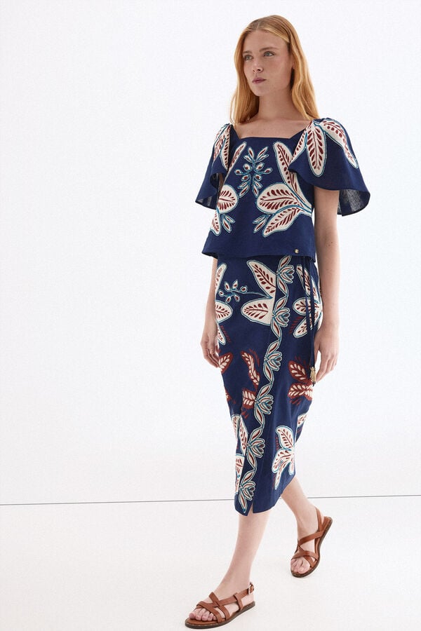 Pedro del Hierro Embroidered sarong-effect skirt Blue