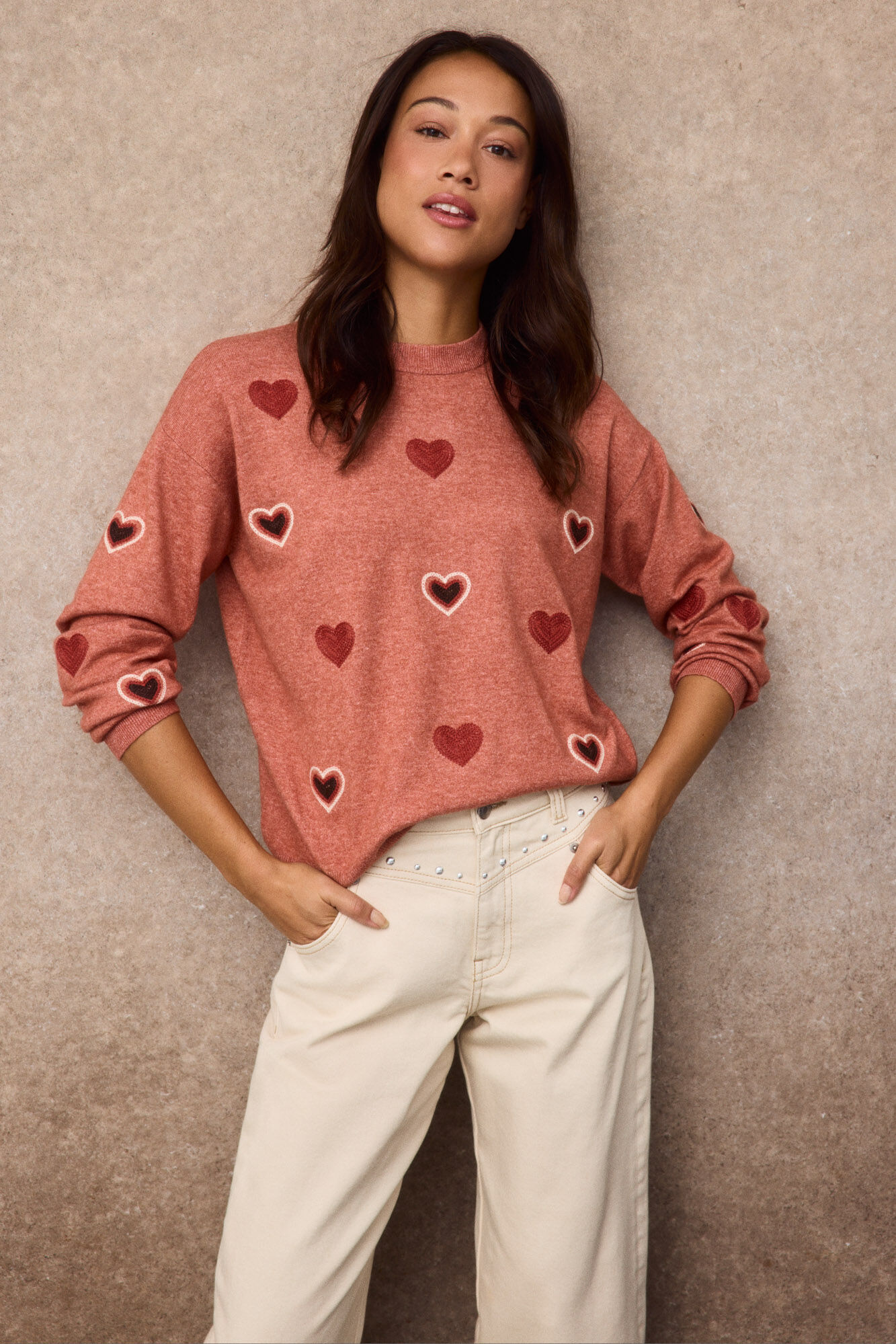 Slowlove Camisola bordados cora&ccedil;&otilde;es