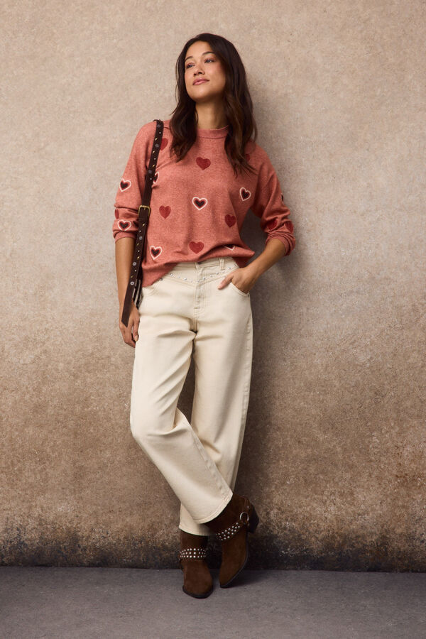 Slowlove Heart embroidered jumper Coral