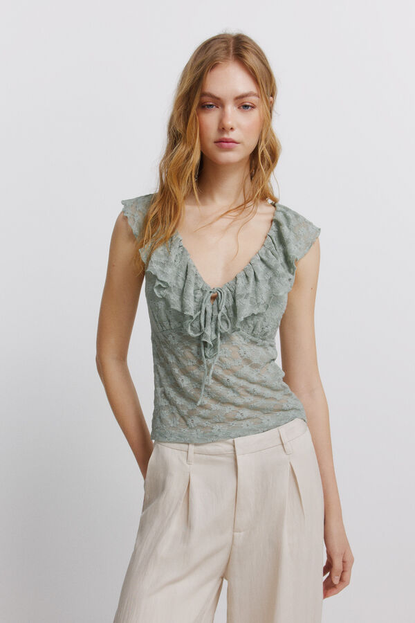 Springfield Top com folhos de renda verde