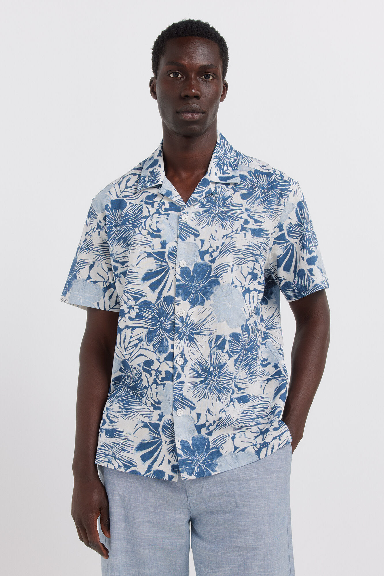 Springfield Camisa de manga curta em linho estampado