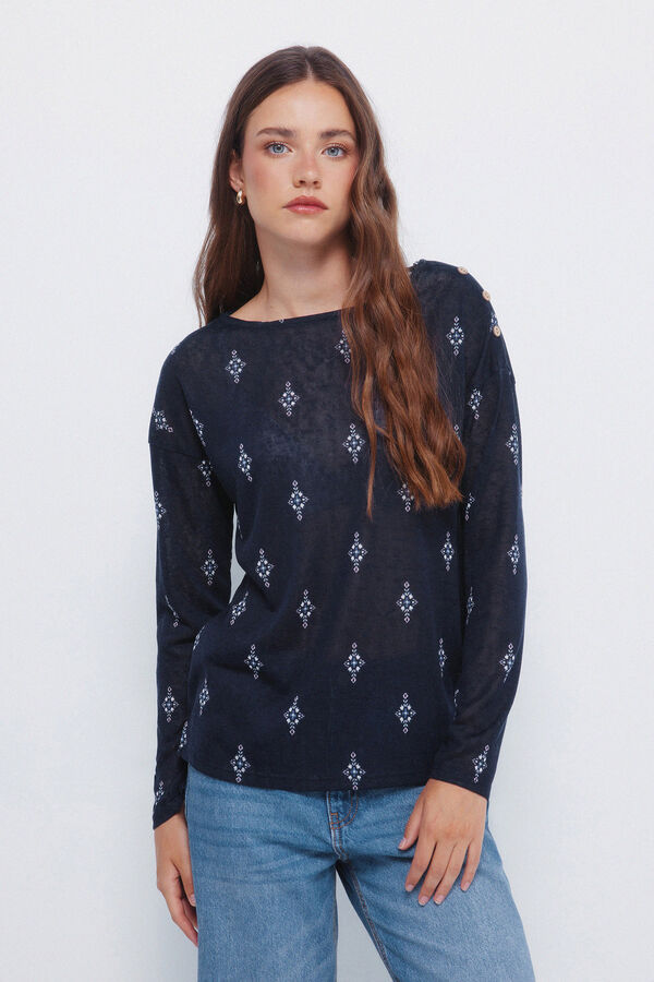 Springfield Camiseta estampada com efeito linho azul