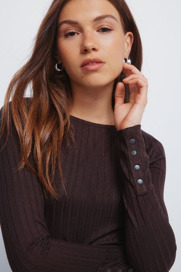 Springfield T-shirt com decote canoa canelado castanho