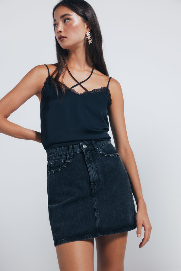 Springfield Saia curta jeans com tachas preto