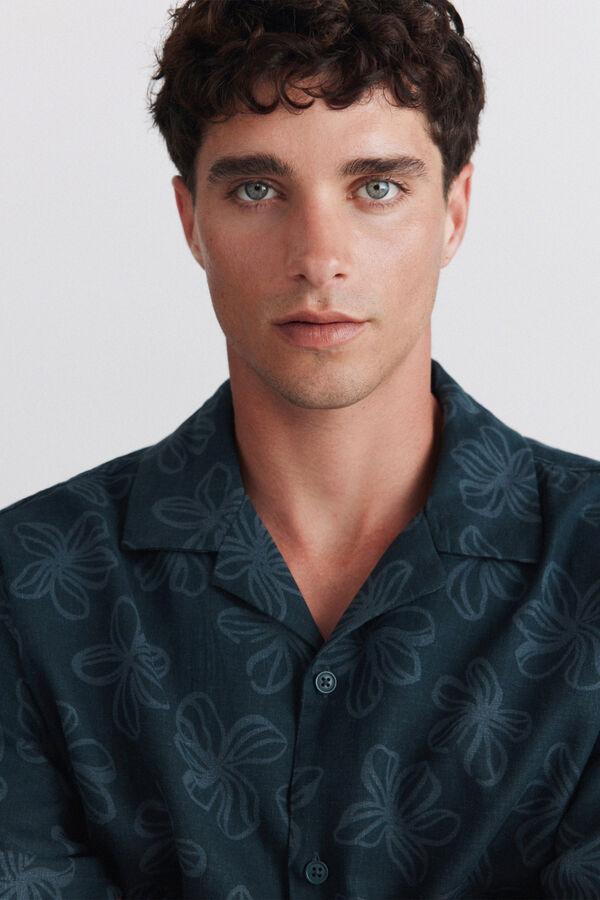 Springfield Camisa de manga curta em linho e rayon estampada azul