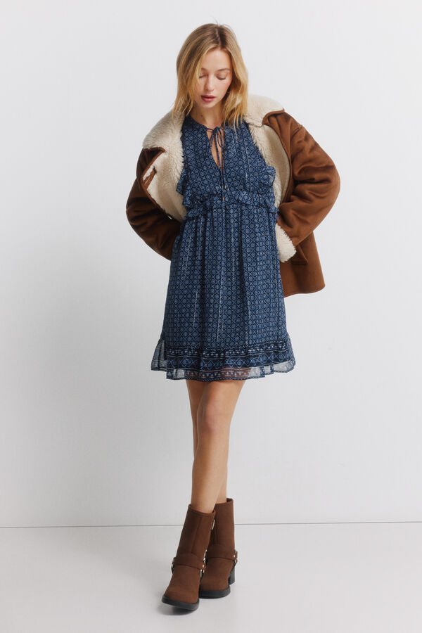 Springfield Vestido curto de manga comprida com folhos azul