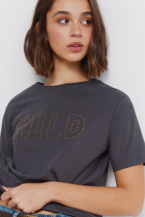 Springfield T-shirt de manga curta com tachas em algod&atilde;o cinzento