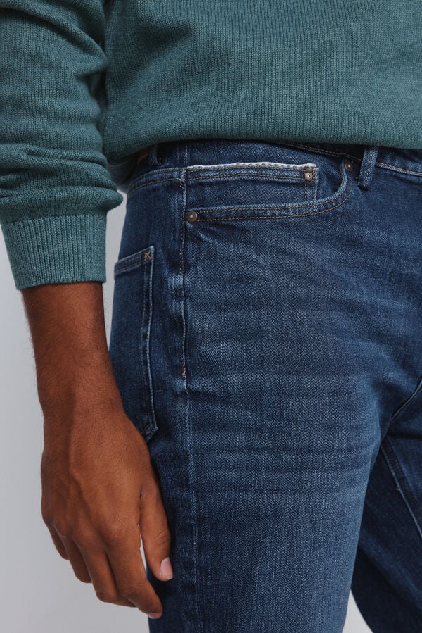 Springfield Calça jeans slim fit com lavagem escura média azul