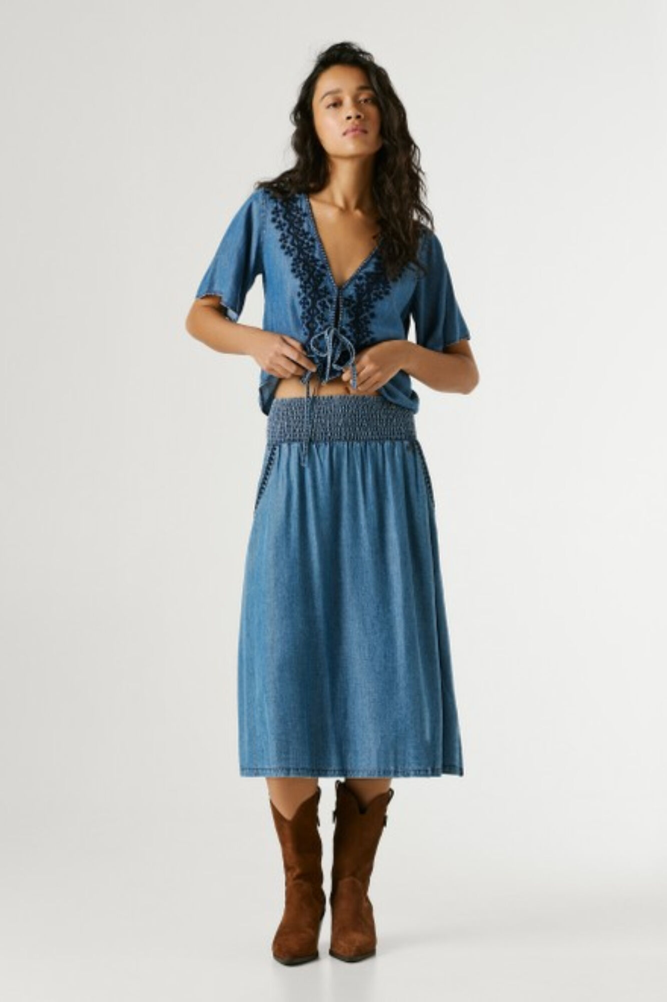 Pepe Jeans Saia midi bordada com bolso lateral