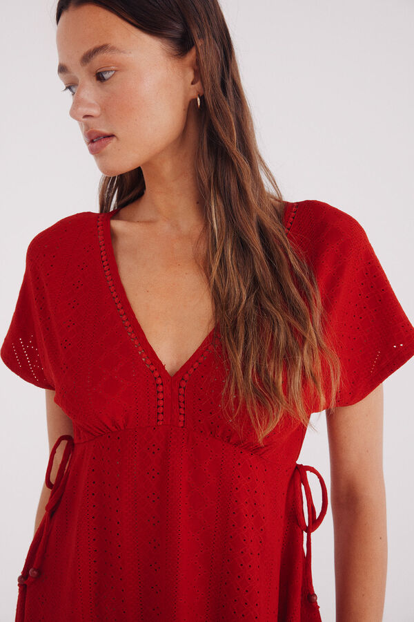 Springfield Vestido corto bordado suizo lazos cintura rojo