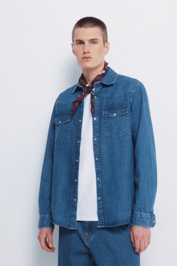 Springfield Camisa jeans com cintado = entallado azul