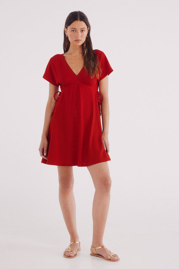 Springfield Vestido corto bordado suizo lazos cintura rojo