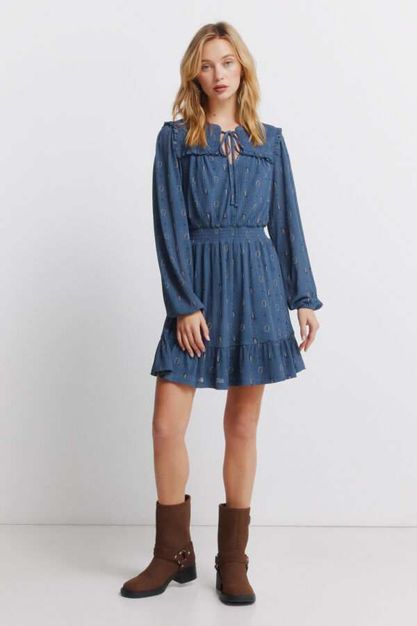 Springfield Vestido curto de manga comprida com folhos azul