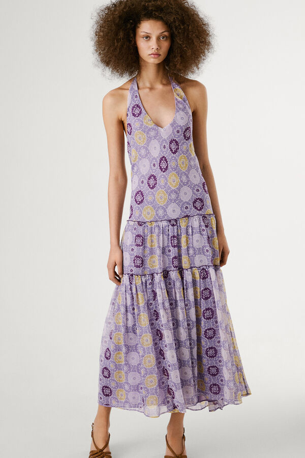 Pepe Jeans  Vestido longo e fluído estampado, mangas.  rosa