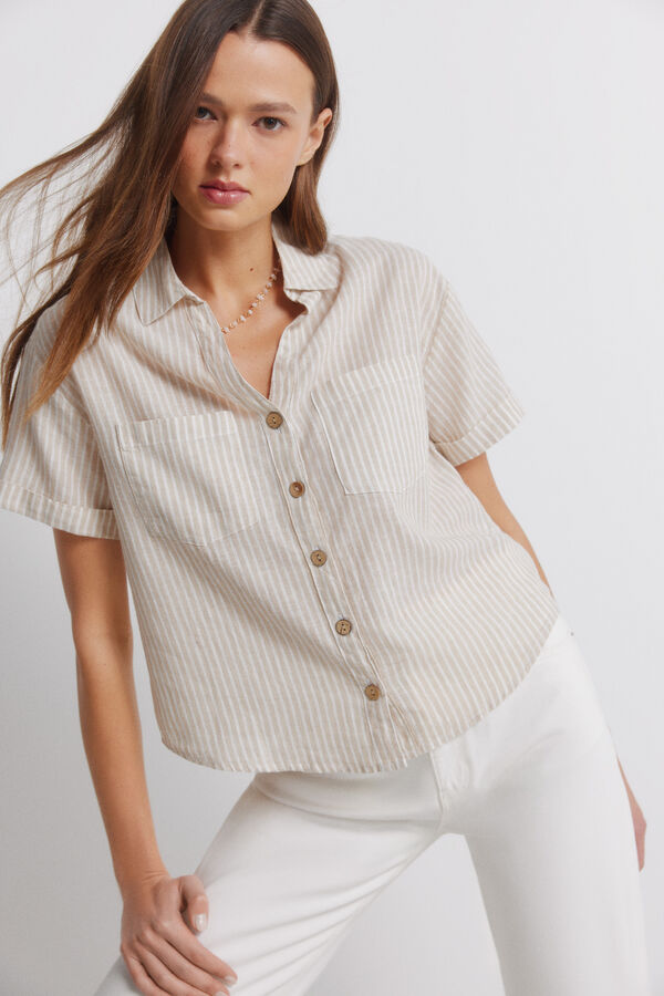 Springfield Camisa de linho de manga curta camel