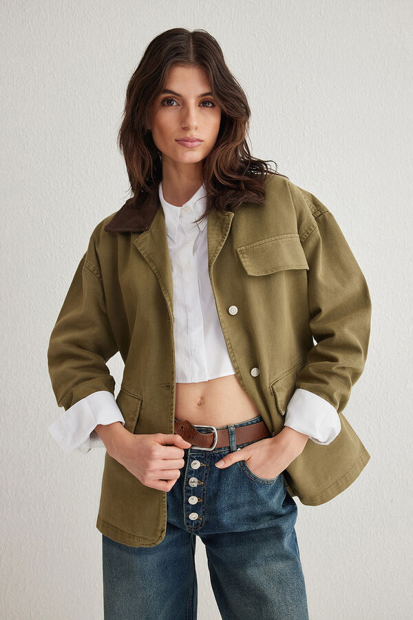 Trendyol Casaco oversize gola de bombazina Caqui escuro