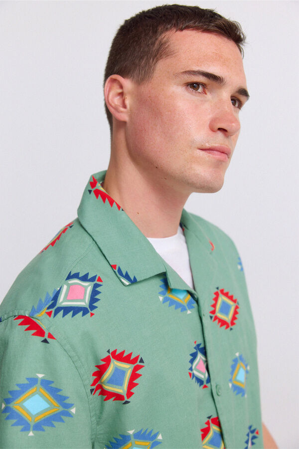 Springfield Camisa de manga curta bowling estampada verde