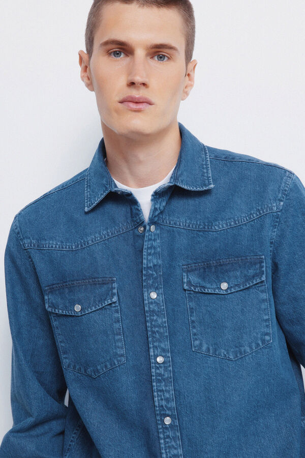 Springfield Camisa jeans com cintado = entallado azul